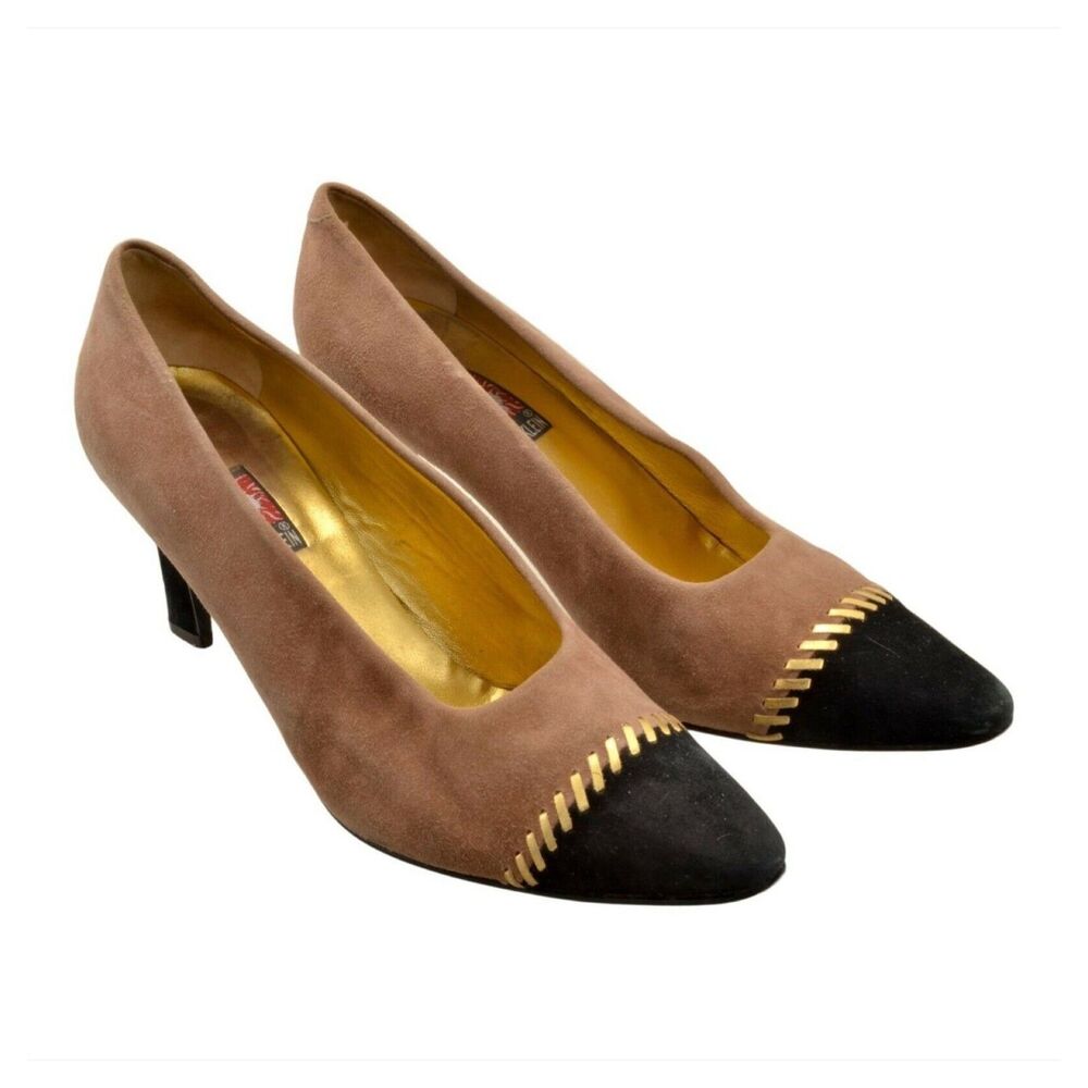 Anne Klein Women's Taupe Brown Suede Black-Toe Pumps Size 8 M Made in Italy